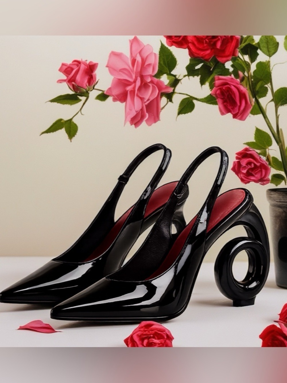 Black Patent Sculptural Spiral Heel Slingback Pumps Size 8 - Picture 10 of 12